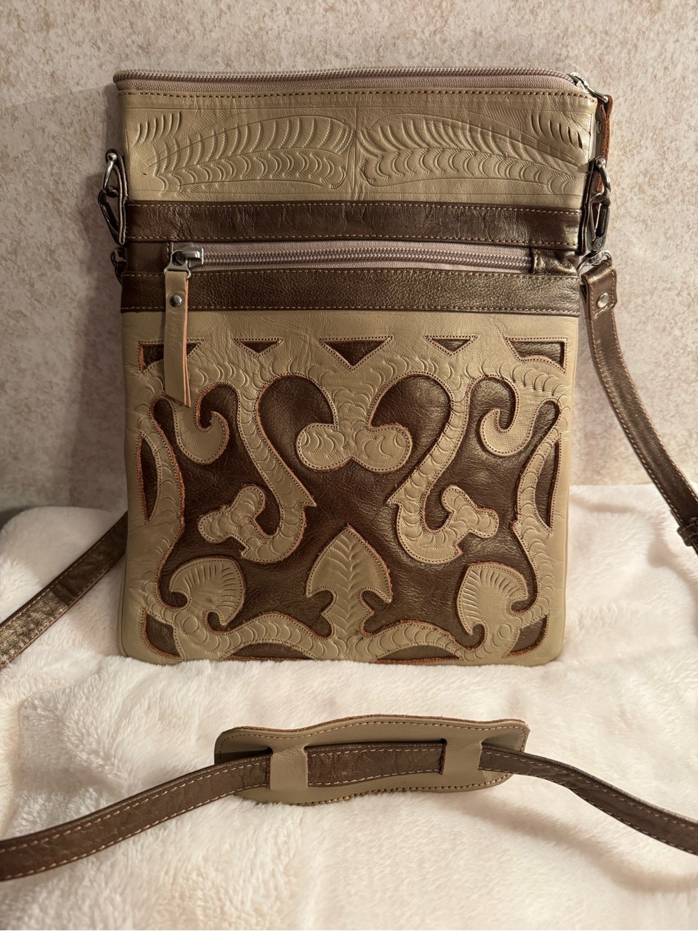 Labrado Leather in Beige and Brown - crossbody Embossed Leather Design - Picture 2 of 15